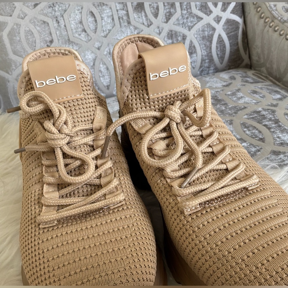 Bebe Tan Knit Lace-Up Sneakers 7